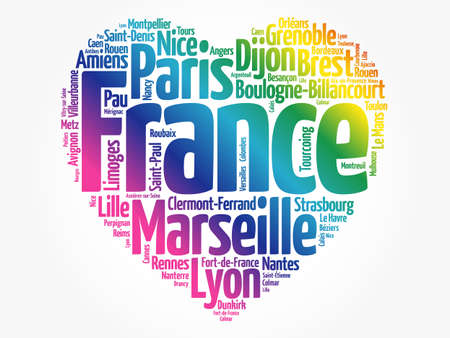 List of cities and towns in France composed in love sign heart shape, word cloud collage, business and travel concept backgroundの写真素材