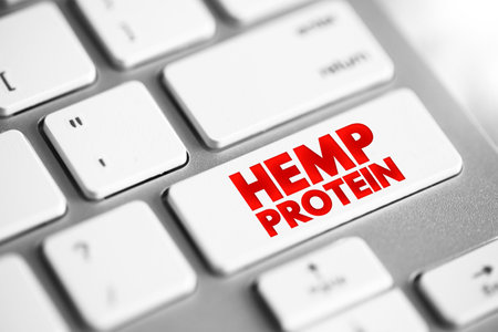 Hemp Protein is a plant-derived protein from the cannabis plant and is isolated from hemp seeds, text concept button on keyboardの写真素材