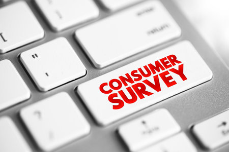 Consumer Survey is a source to obtain information about consumer satisfaction levels with existing products, text concept button on keyboardの写真素材