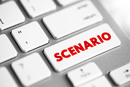 Scenario is a synoptical collage of an event or series of actions and events, text concept button on...