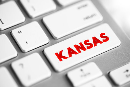 Kansas is a landlocked state in the Midwestern region of the United States, text concept button on keyboardの写真素材