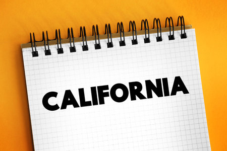 List of cities in California, is a state in the Western United States, lying on the American Pacific Coast, word cloud concept on notepadの写真素材