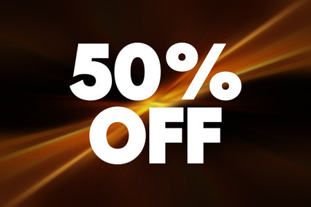 50% OFF - means that the original price of an item or service is being reduced by 50 percent, text concept backgroundの写真素材