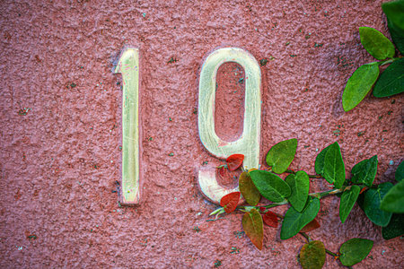 Brass house number 19 affixed to a textured, reddish-pink stucco wall with green and red vine leaves...