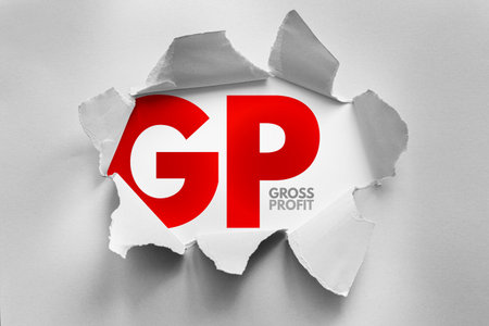 GP abbreviation bursts through ripped paper, symbolizing earnings and financial performance. Gross Profit concept visualized with bold typography in a modern business-themed layoutの写真素材
