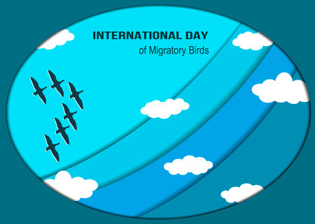 Caper cut style vector graphic of a group of birds flying in the clouds, perfect for World Migratory Bird Day, celebration, greeting card, etc.のイラスト素材