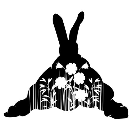Stencil black rabbit lies in the grass and flowers on a white background. For plotter cutting. vector illustration.のイラスト素材