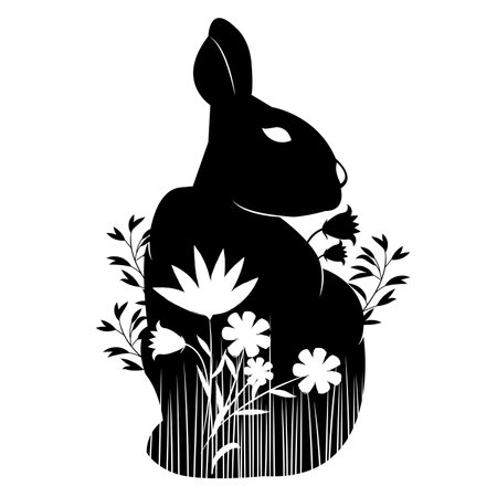 Stencil black rabbit sits in the grass and flowers on a white background. For plotter cutting. vector illustration.のイラスト素材