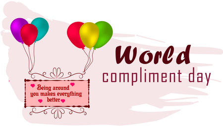 World Compliment Day, March 1, greeting card with a compliment to a friend on a flying banner with balloons. vector illustration.のイラスト素材