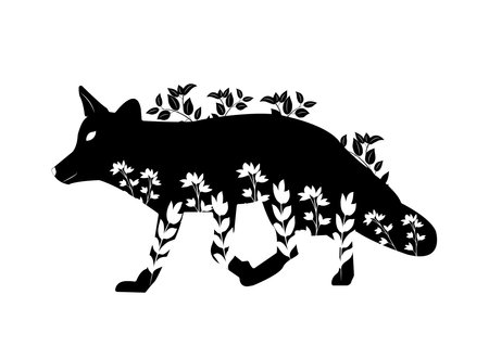 Stencil black fox walks in the grass and flowers on a white background. For plotter cutting. vector illustration.のイラスト素材