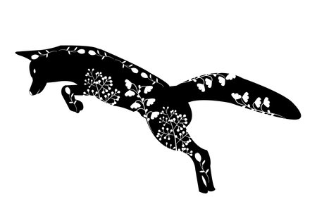 Stencil black fox hunts mouses in the grass and flowers on a white background. For plotter cutting. vector illustrationのイラスト素材
