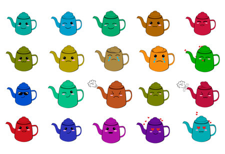 Cartoon multicolored teapots with different facial expressions. Kawaii Colorful cartoon vector illustration. character flat design.のイラスト素材
