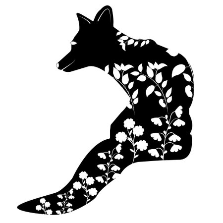 Stencil black fox sits with its back and looks around in the grass and flowers on a white background. For plotter and laser cutting. vector illustration.のイラスト素材