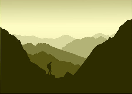 Morning silhouettes of mountains on a green background with a tourist. vector illustration.のイラスト素材