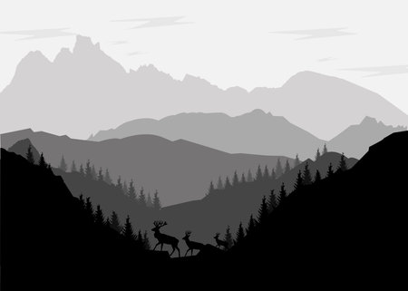 Black and white silhouette of mountains with trees and deer. vector illustration.のイラスト素材