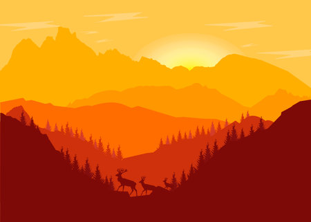 Silhouette of mountains with trees and deer at sunset. vector illustration.のイラスト素材