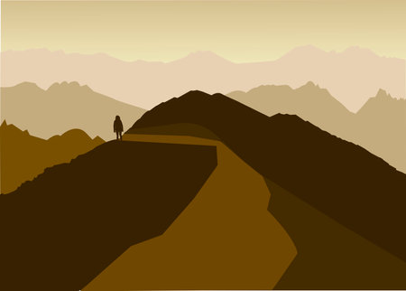Silhouette of a tourist against the backdrop of mountains and sunrise in the morning mist.のイラスト素材