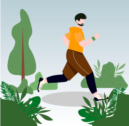 A man goes in for sports outdoors. Morning run in nature. Flat vector illustration.のイラスト素材