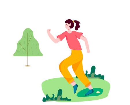 A young girl goes in for sports outdoors. Morning run in nature. Flat vector illustration.のイラスト素材