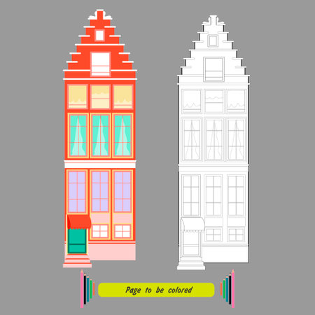 coloring book for children high old building, with a porch, 4 floors. vector illustration.のイラスト素材