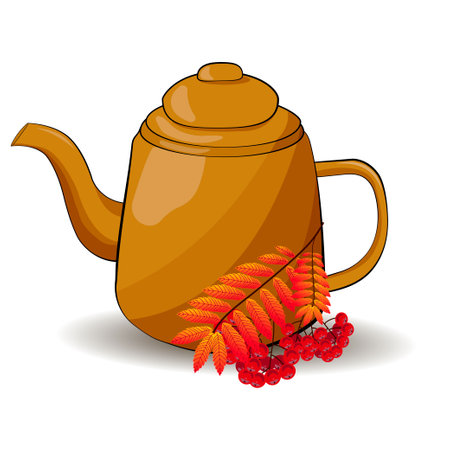 Brown teapot in cartoon style with a branch and rowan fruits. Rowan tea. vector illustration.のイラスト素材