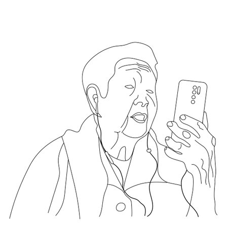 Line art of an elderly Asian woman talking on a smartphone. vector illustrationのイラスト素材