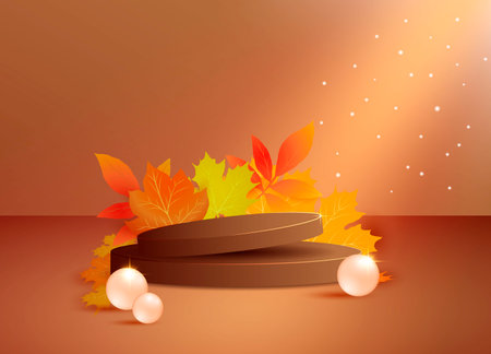 Abstract minimal 3d podium scene, with autumn leaves for displaying seasonal products. Stage showcase on a pedestal cosmetic 3d studio with lightingのイラスト素材