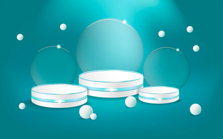 3d cosmetic stage with podiums and imitation glass sea background vector 3d stand to show cosmetic products. Stage showcase on a pedestal cosmetic 3d studio with lightingのイラスト素材