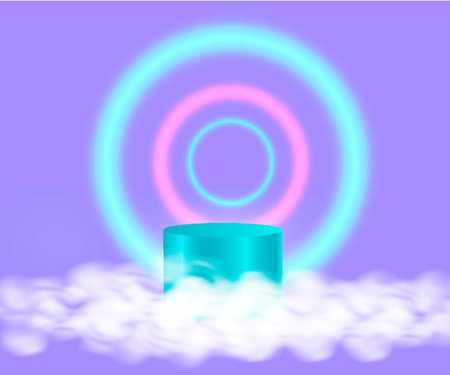 3d podium on purple background on realistic clouds with neon circles vector 3d stand to show cosmetic productsのイラスト素材