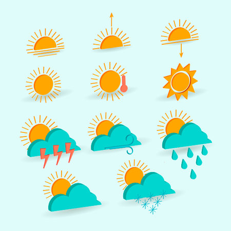 Weather forecast concept 3d isometric icons set. Pack isometric elements of cloud, sun, rain, snowflake, wind, lightning. Vector illustration of modern web designのイラスト素材