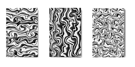 Black and white abstract geometric background. Liquid dynamic gradient waves. Liquid marble texture. Modern cover set. Vector illustration.のイラスト素材