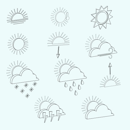 Outline isometric weather forecast icons. Pack isometric elements of cloud, sun, rain, snowflake, wind, lightning. Vector illustration of modern web designのイラスト素材