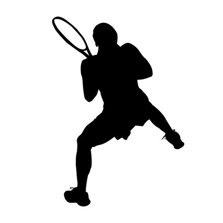 Silhouette from behind of an athletic woman playing tennis. Vector illustrationのイラスト素材