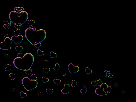 Rectangular black background with transparent rainbow soap hearts. Vector.のイラスト素材