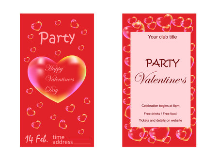 Set of invitation cards on a red background made of heart-shaped bubbles and text, vector graphics for Valentine's Day. Suitable for party invitations, proposals, flyers and social media.のイラスト素材