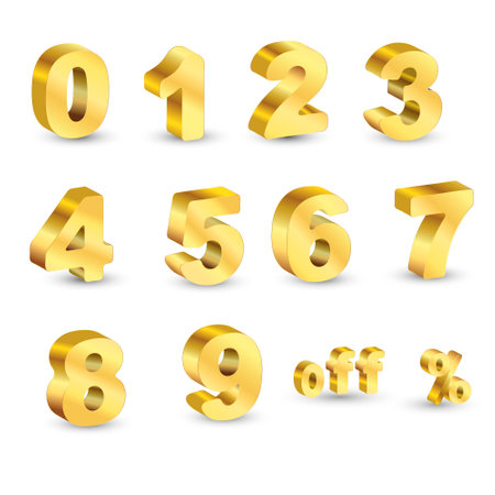 Discount numbers 3d vector. Sales percentage figures, in a golden gradient set in 3D style, isolated on a white background.のイラスト素材