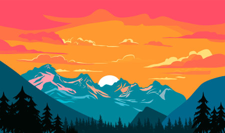 Sunset in the mountains vector landscape in stye flat flatのイラスト素材