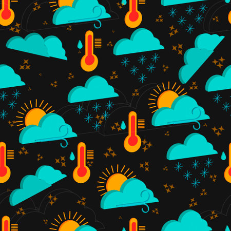 Seamless pattern of isolated orange and blue 3d weather icons on dark gray background with sun,...
