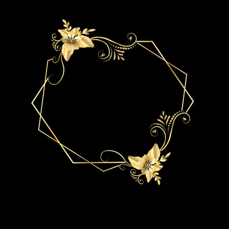 Vintage polygonal gold frame with botanical elements. Gold gradient on a black background. Vector illustration.のイラスト素材