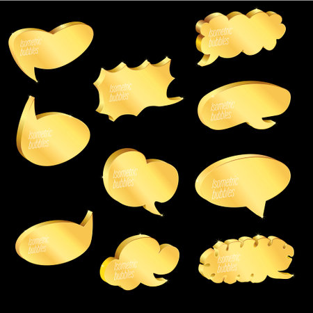 Collection of isometric bubbles with gold gradient and sparkles on a black background. Vector illustration in different languages, suitable for diagrams, infographics, book illustrations, game resources and other graphic resources.のイラスト素材