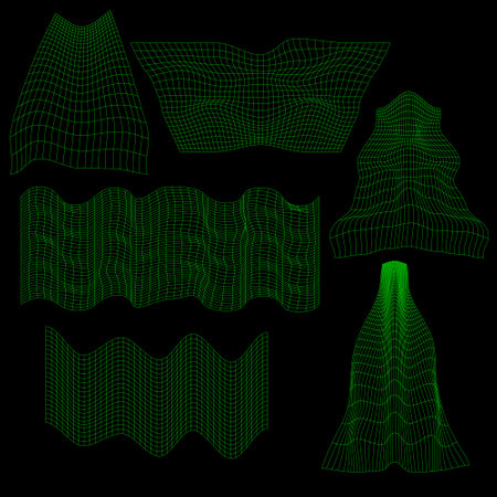 Collection of geometric wireframe 3D waves and meshes in neon green color. Vector. Graphic shapes for graphic design.のイラスト素材