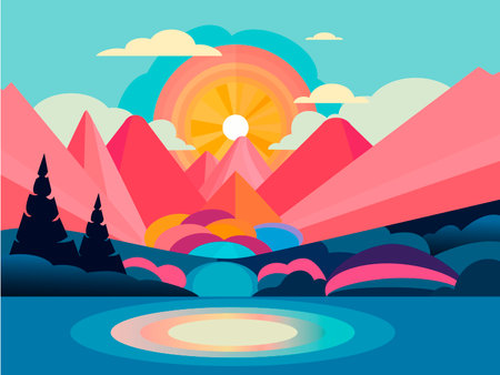 Stylized vector landscape sun reflected in a mountain lake in Memphis styleのイラスト素材