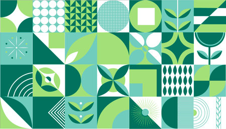 Abstract illustration with geometric pattern and plant elements in green tones. Trendy modern design in minimalist style, perfect for posters, interior decor, packaging, textiles, stationery and digital backgrounds. Collage of natural motifs and geometry for Scandinavian, eco and modern interiors.のイラスト素材