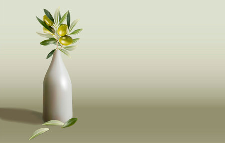 Minimalistic illustration with an olive tree branch in an elegant matte vase. Ripe green olives and graceful leaves create an atmosphere of coziness, freshness and natural harmony. The calm pastel background emphasizes the stylish design, making the image ideal for posters, packaging, advertising, interior prints, gastronomic projects and eco-design.のイラスト素材