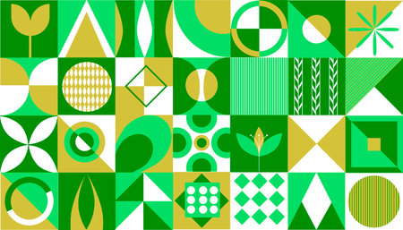 Modern vector geometric abstract background in green and gold tones. Collage of squares with various shapes: circles, leaves, lines, diamonds and minimalistic symbols of nature. Bright and stylish eco-themed design is perfect for decorating fabrics, wallpaper, packaging, posters, web design and printed products.のイラスト素材