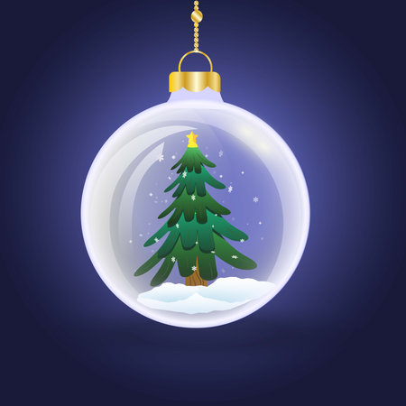 Christmas glass ball with a festive theme inside. Inside is a decorated Christmas tree and falling snowflakes. The illustration is done in a bright, festive vector style on a dark blue background. Perfect for New Year's cards, banners, holiday decor, seasonal designs, and winter projects.のイラスト素材