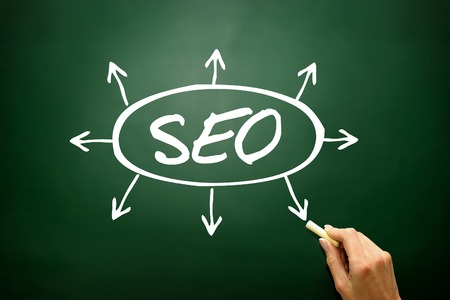 Hand drawn SEO arrows direction concept, business strategy on blackboardの写真素材