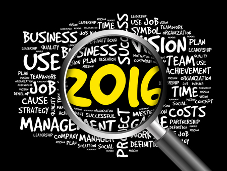 2016 goals plan word cloud with magnifying glass, business concept