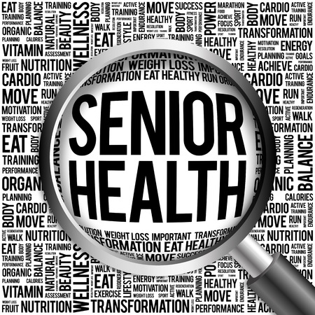 Senior health word cloud with magnifying glass, health conceptの写真素材