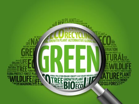 GREEN word cloud with magnifying glass, ecology conceptの写真素材